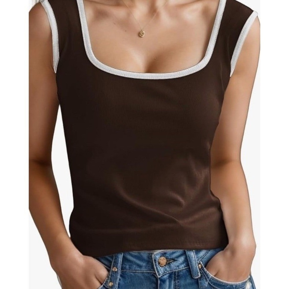 Unbranded Tank Top Women Large Brown Like New Knit Ribbed Square Neck C554